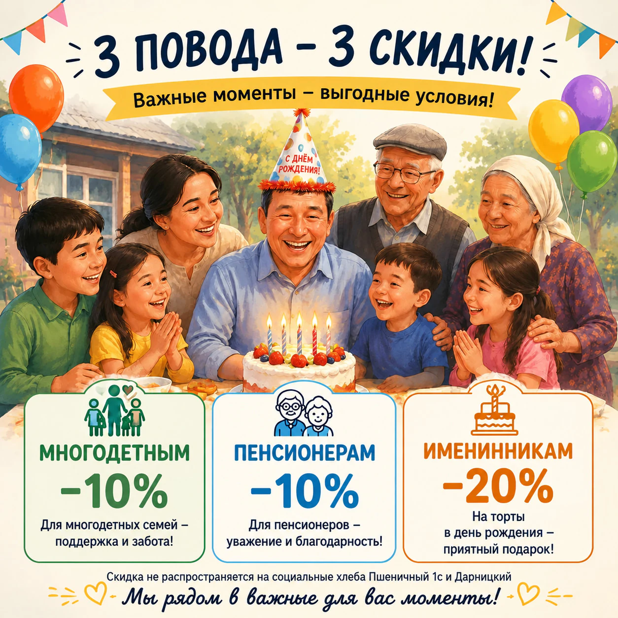 Три повода — три скидки: многодетным семьям и пенсионерам — 10%, именинникам — 20% на торты